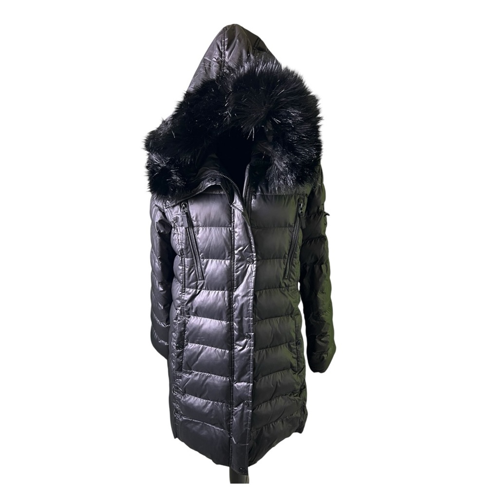 Laundry by Shelli Segal Black Long Puffer Coat Faux Fur Lined Hood Womens Large‎